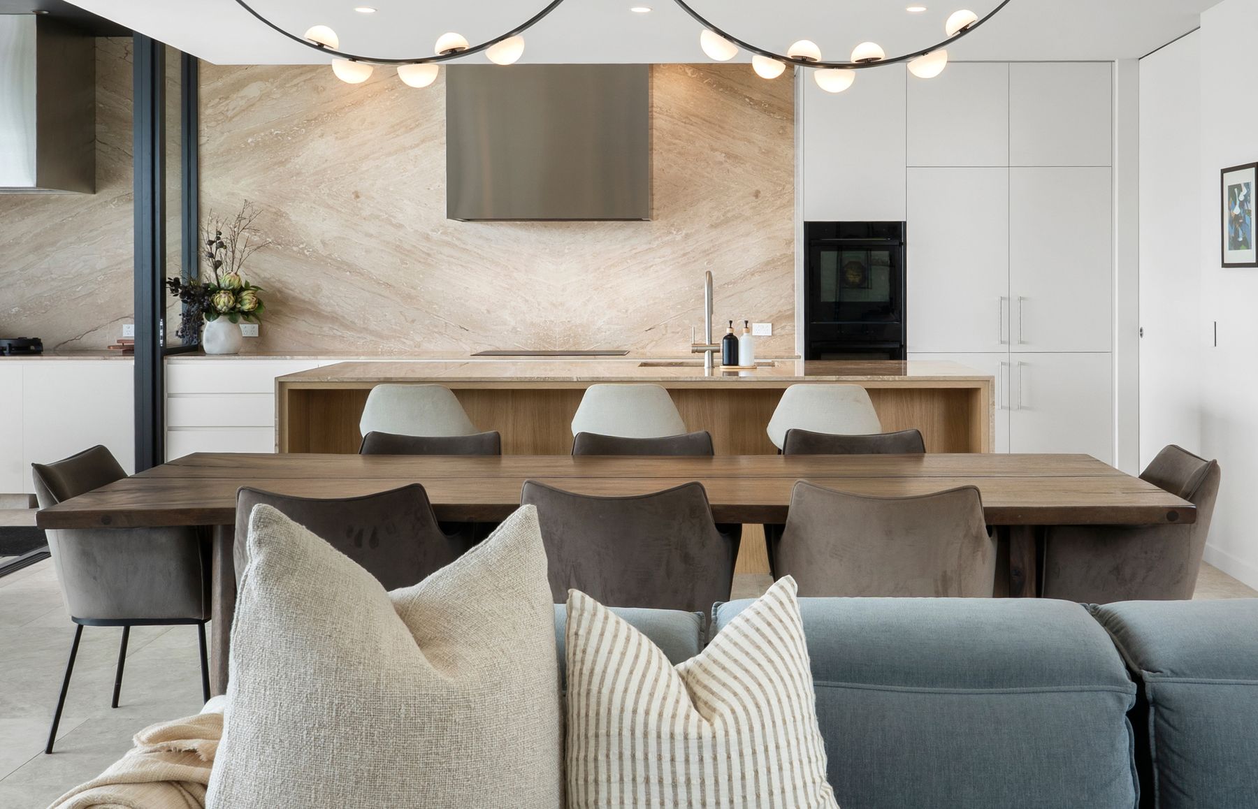 Living looking to dining and kitchen