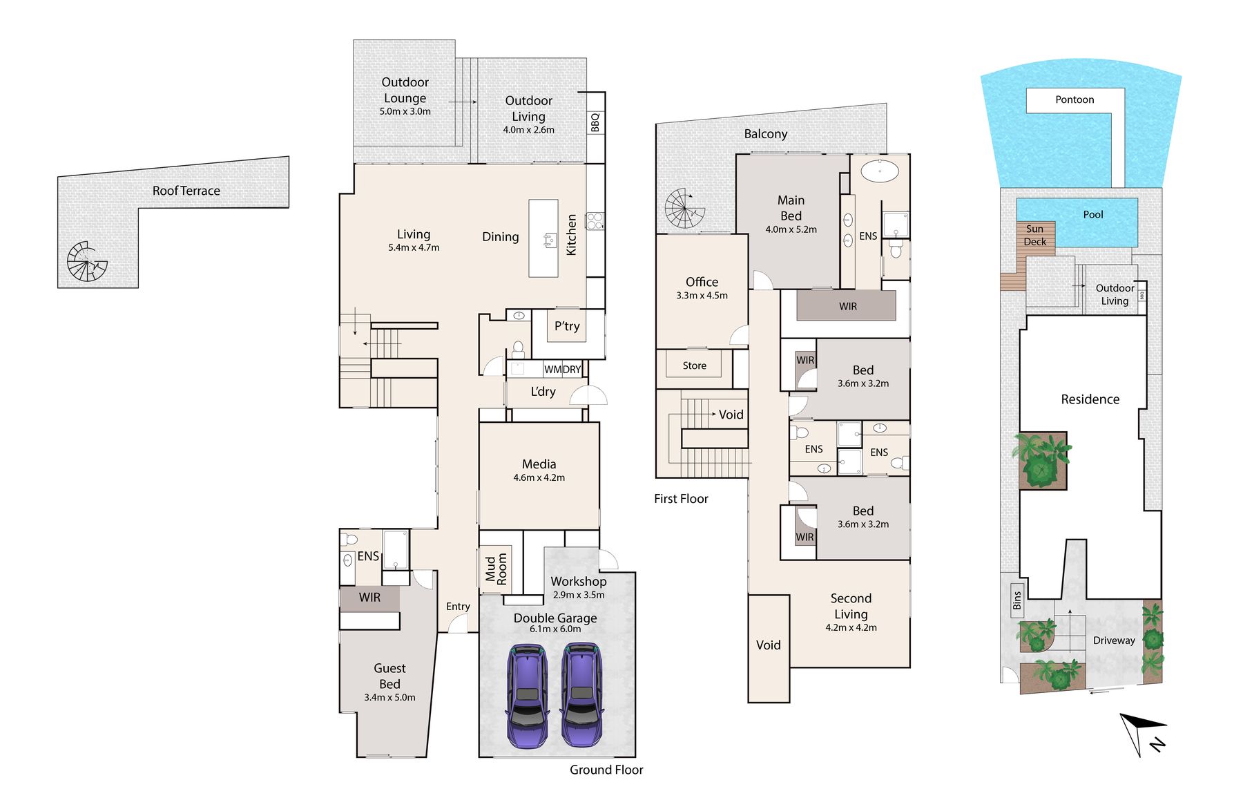 Floor plan of 19 Vespa Crescent showing ground floor, first floor, rooftop terrace and site with pontoon