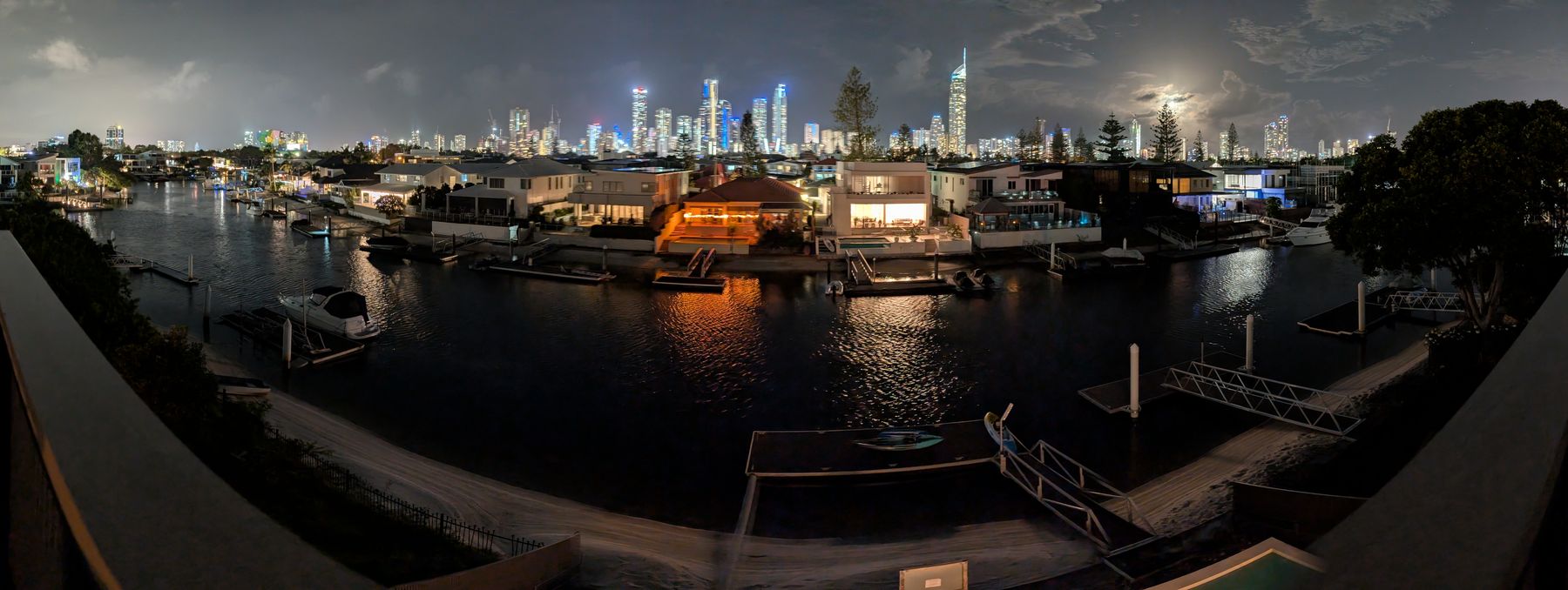 Rooftop panorama at dusk over the canal and city